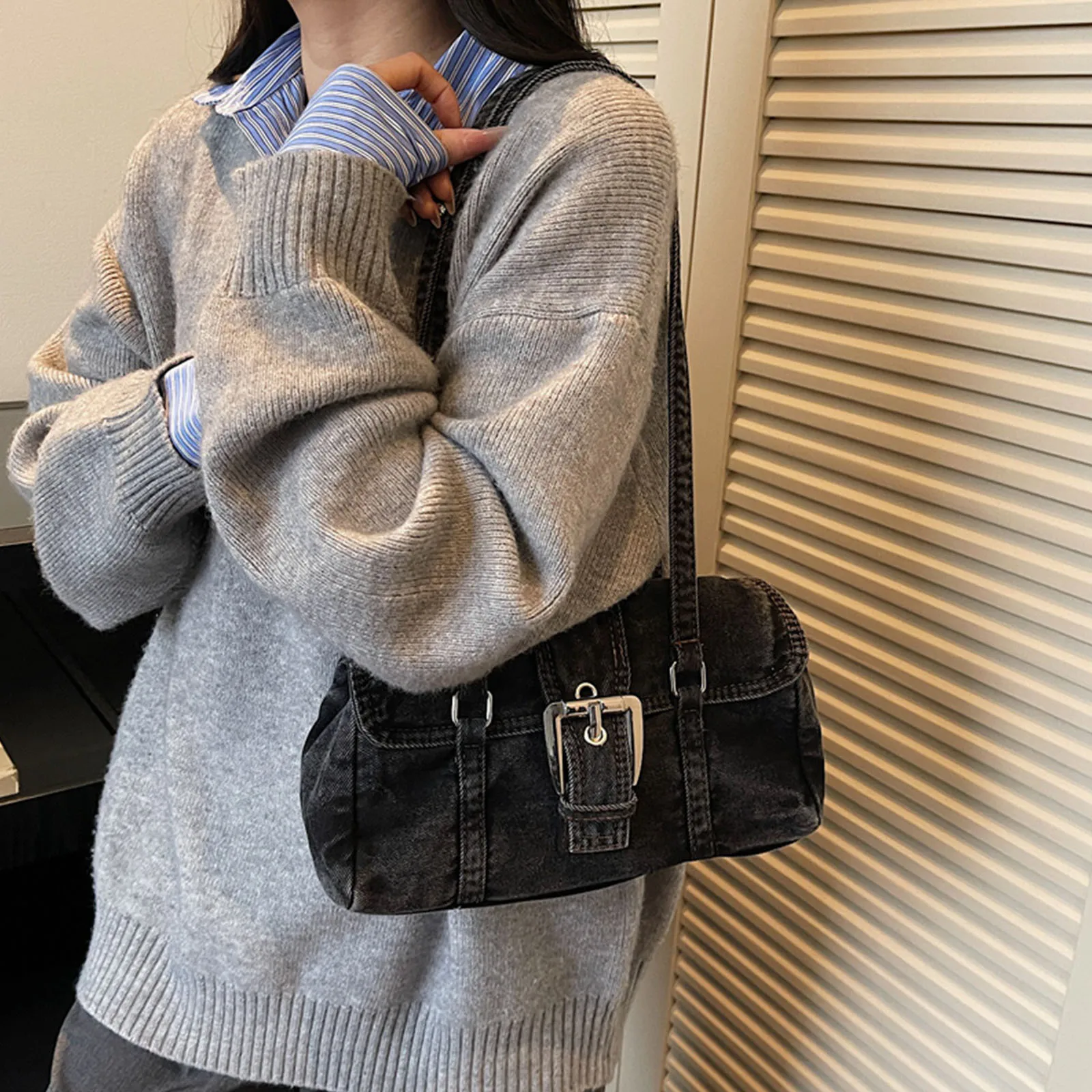 Denim Square Shoulder Bags Solid Color Hobo Handbag with Top Handle Shoulder Handbags for Women Travel Shopping Daily Use