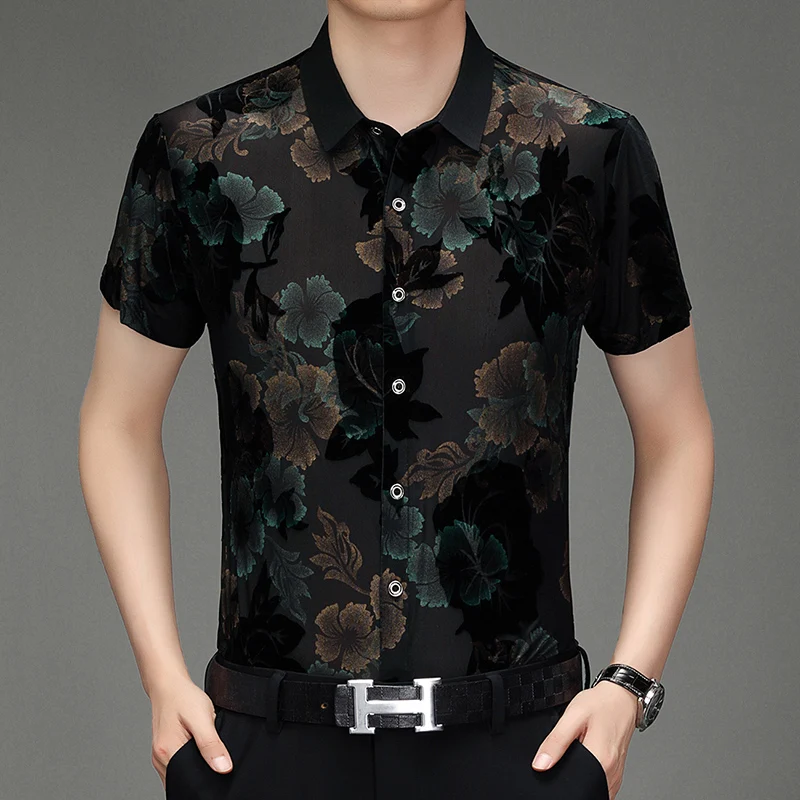 

Regular Fit Short Sleeved Shirts For Men Floral Jacquard Hollow Summer Quality Velvet Soft Comfortable Fashion Camisas De Hombre