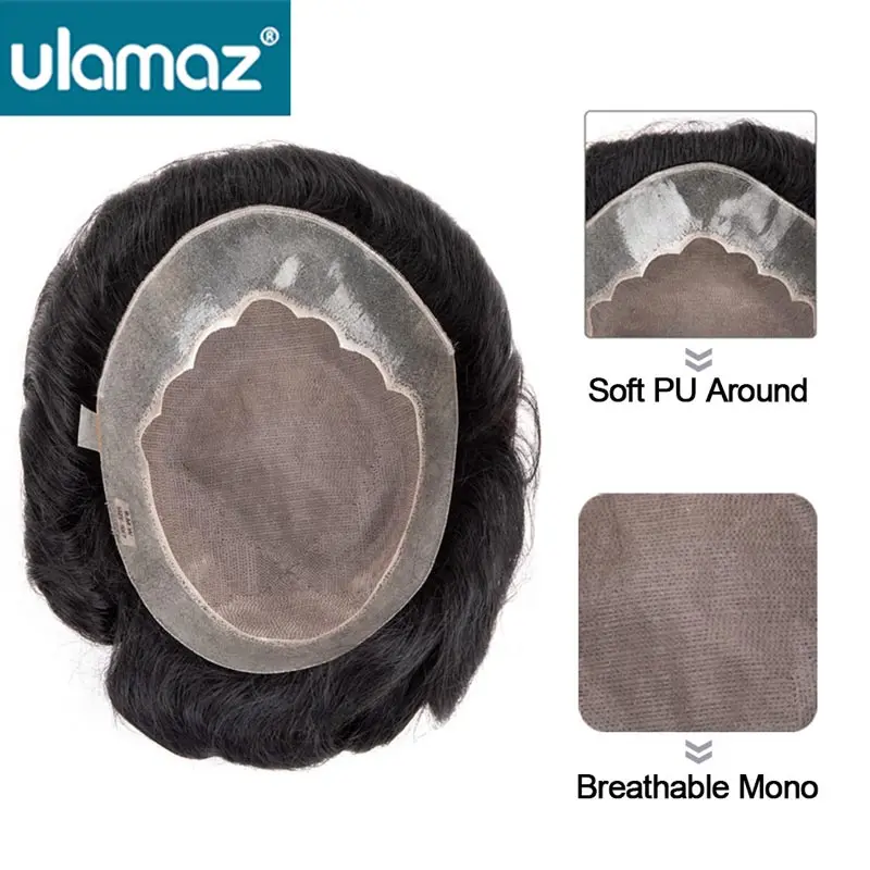 Mono & Skin Capillary Male Hair Prosthesis Toupee Mens Wig Hair Replacement System Unit Human Wig For Men Realistic Man human hair toupee