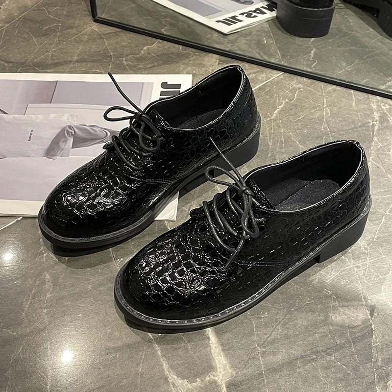 Leather British Leather Shoes Women's Soft Leather Deep Mouth Single Heel Spring and Winter Lacing Shoes  Zapatos De Mujer 4