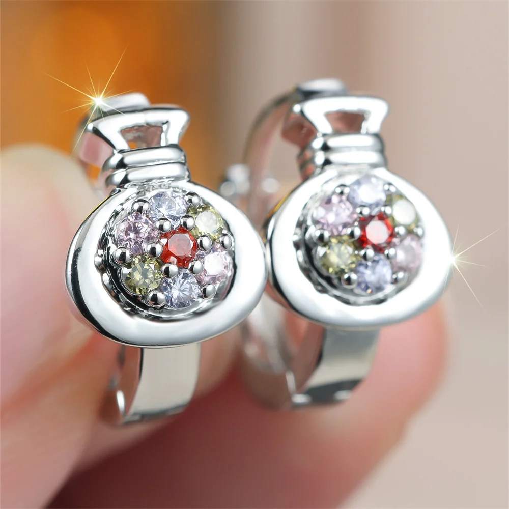 Multicolor Zircon Rainbow Crystal Flower Round Hoop Earrings For Women Vintage Gold Silver Color Ear Buckle Wedding Jewelry Gift