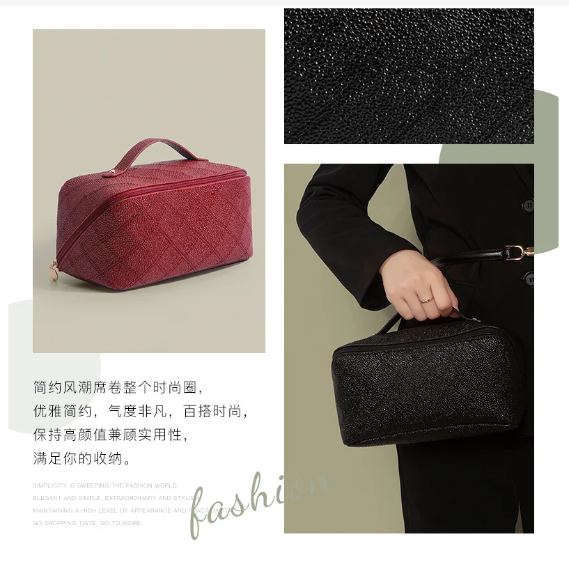 New retro high appearance and large capacity caviar makeup bag, portable handbag, travel toiletries bag