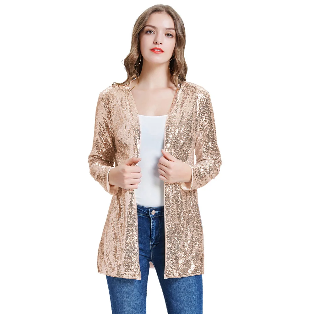 GK Women's Sequined Jacket Sparkle Long Sleeve Open Front Coat Office Lady Fashion Casual Party Jacket Outerwear Female Clothing