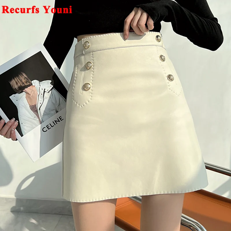 

Moda Linda Lambskin Mini Skirts Women Handmade Arch Needle High Waist Wrap Leather Etek Khaki Double Breasted Metal Button Jupe