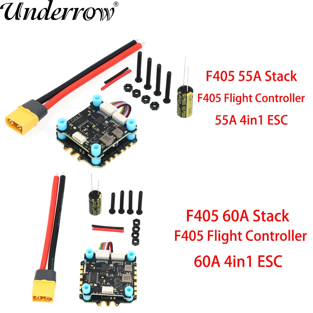 Stack F405 V4 60A pour drone FPV SoloGood, avec câbles et connecteurs en gros plan.
