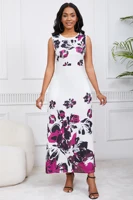 Womens Summer Floral Print Round Neck Casual Beach Floor Length Evening Long A-Line Boho Maxi Dress 1