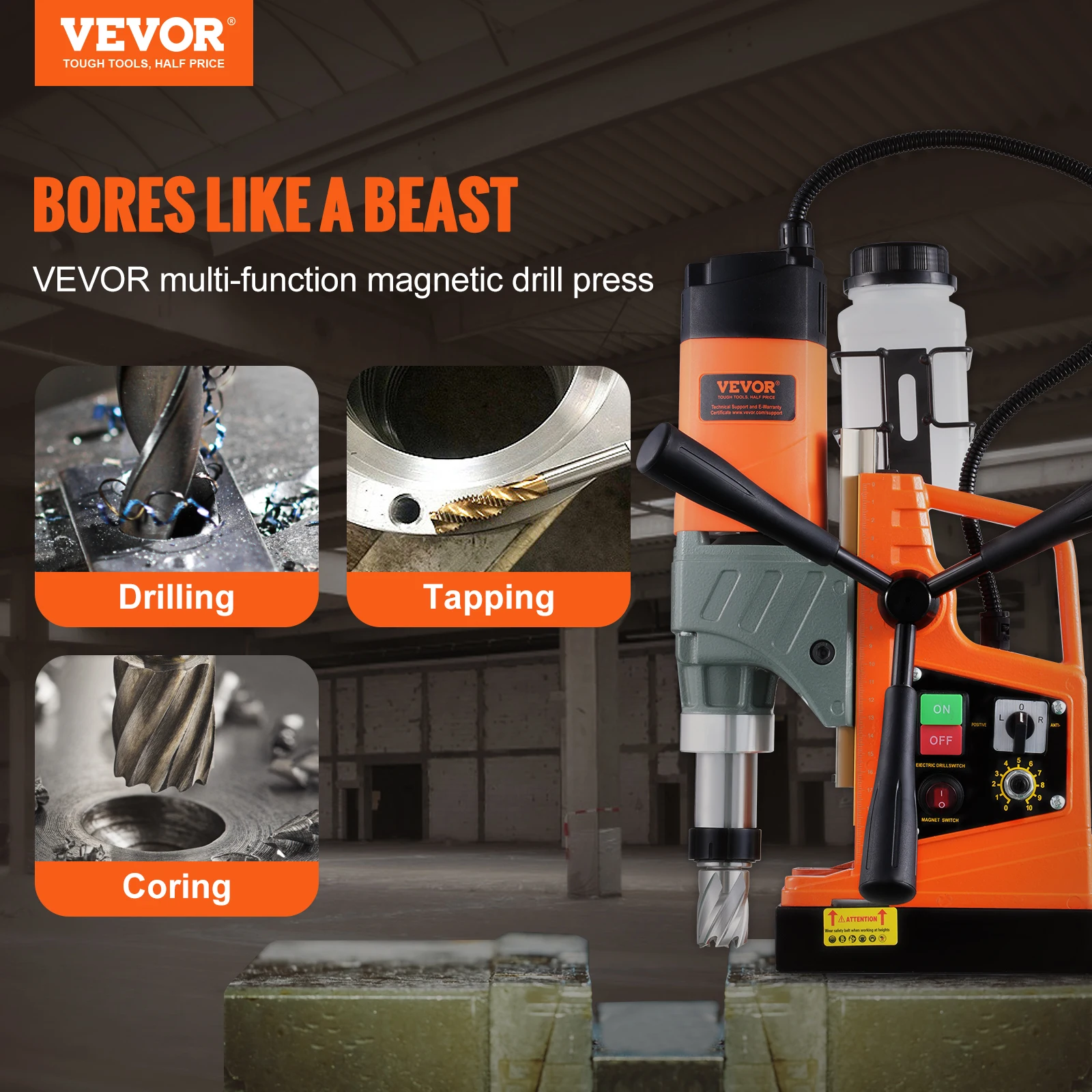 VEVOR 1450W Magnetic Drill 2" Boring Diameter 12500/12800N Portable Electric Mag Drill Press 800 RPM Magnetic Drilling Machine 2