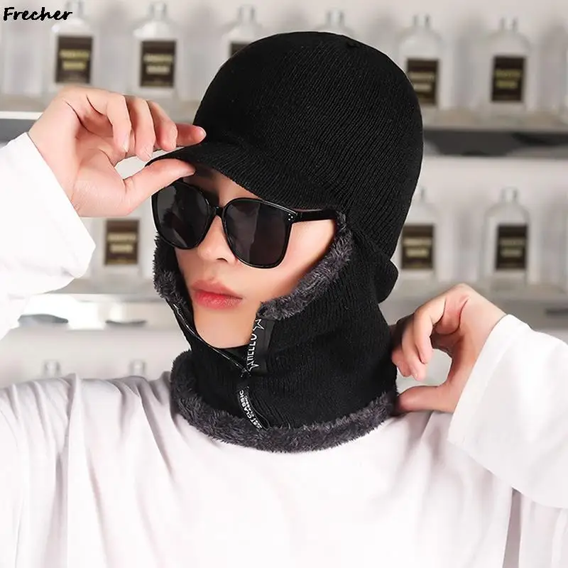 Thicken Plush Visors Caps Unisex Full Face Neck Cover Knitted Hat Winter Outdoor Basketball Football Beanies Skiing Skullcaps