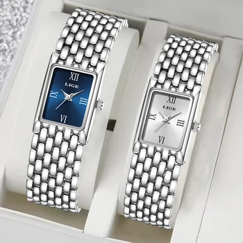 LIGE New Design Ladies Watch Fashion Quartz Wristwatch Silver Simple Square Women Watches Luxury Stainless Steel Folding Clock