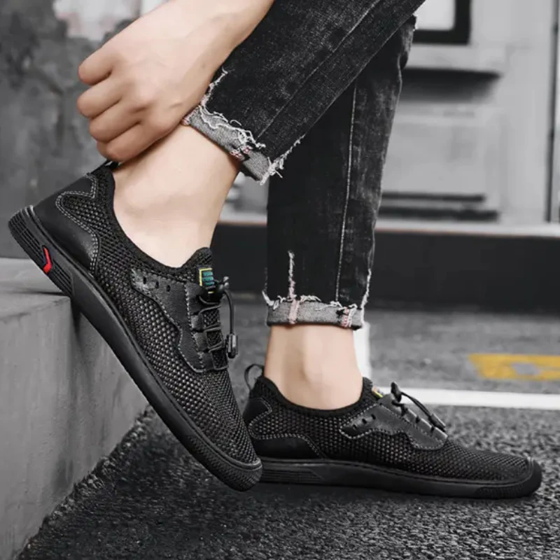 남성용 대형 통기성 신발, 캐주얼 메쉬 경량 미끄럼 방지 로퍼, 단색 라운드 헤드 워킹 스니커즈, 여름