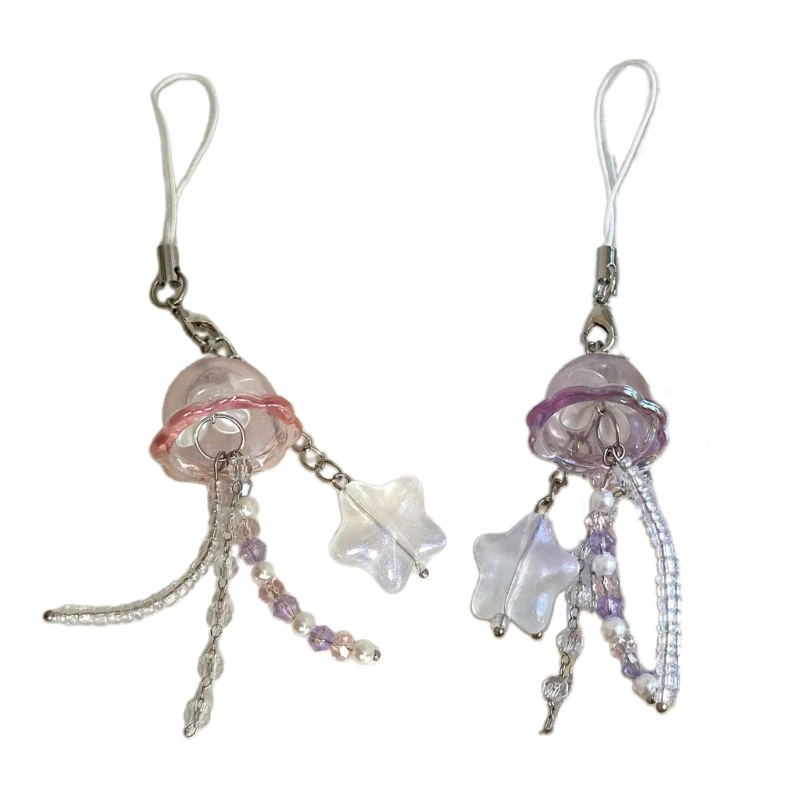 Unique Jellyfish Star Pendant Phone Strap Lanyard Beaded Keychain Strap Backpack Charm Accessories Car Keys Decoration