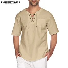 

New Men's Solid Comfortable Blouse All-match Simple Tops 2022 Fashion Male Eyelet Drawstring Short-sleeved Shirts S-5XL INCERUN