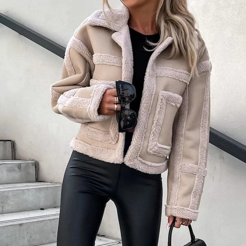 

Winter Lamb Fleece Warm Thick Outwear Coat Women Retro PU Leather Patchwork Jacket Autumn Casual Lapel Short Tops Cardigan 2022