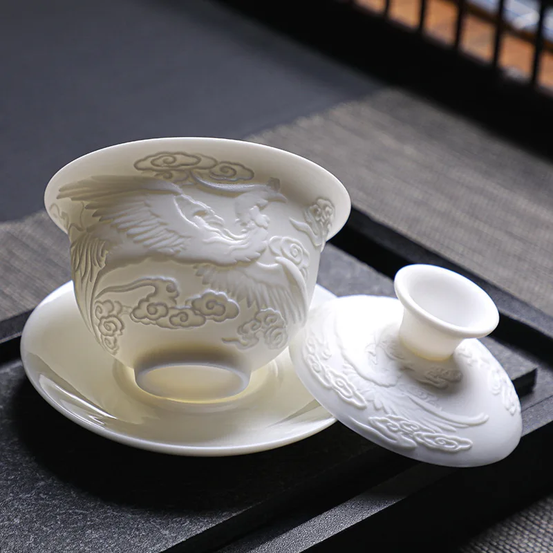 Ceramics Gaiwan 150ml relief dragon and phoenix pattern kung fu tea maker drinkware tea set bowls set