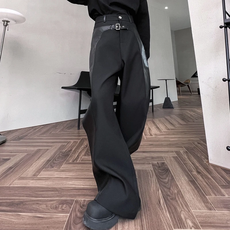 IEFB Men's Trousers Autumn New Dark Casual Pants Pu Leather Patchwork Streetwear Loose Korean Style Trend Male Overalls 9C1956 men trousers
