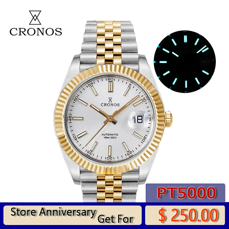 Роскошные мужские наручные золотые часы Cronos с датой браслет из нержавеющей стали