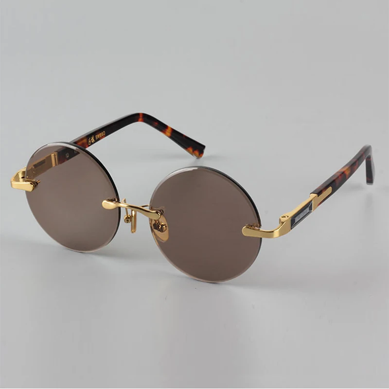 Round Rimless Glass Sunglasses Man Luxury Natural Crystal Stone Sun Glasses Brown Mineral Lens Woman Acetate Frame Anti Scratch