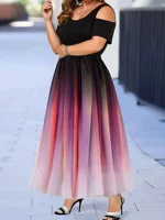 Women Plus Size 1XL-8XL Dress Gradient Print Off Shoulder Dress Long Ball Dress Tight Top and Loose Bottom Elegant Short Sleeve - Image 6