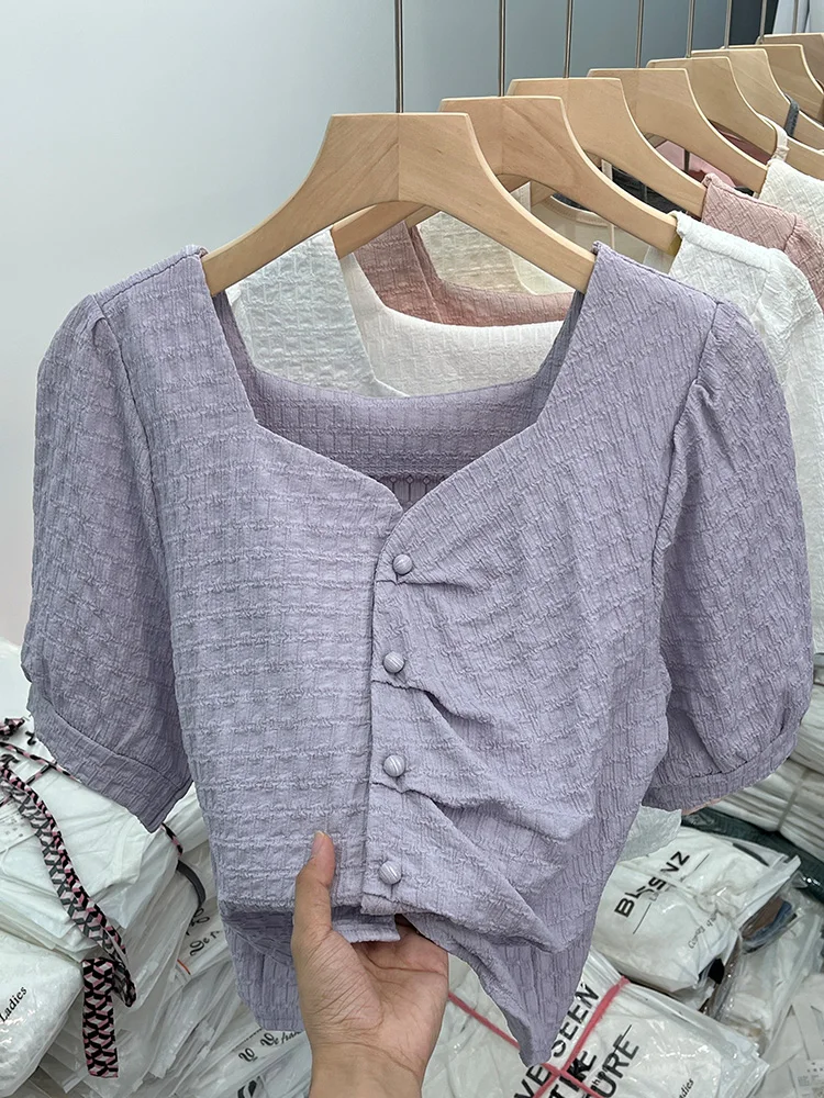 

Women Pink Shirt and Blouse Y2k Vintage Korean Style Harajuku Elegant Chic Fashion Loose Square Collar Short Sleeve White Shirt
