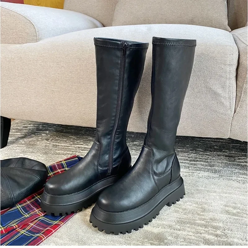 2023 Winter Chunky Platform Heels Long Boots Round Toe Zipper Thick Sole Ladies Fashion Winter Women's High Boots Women Shoes