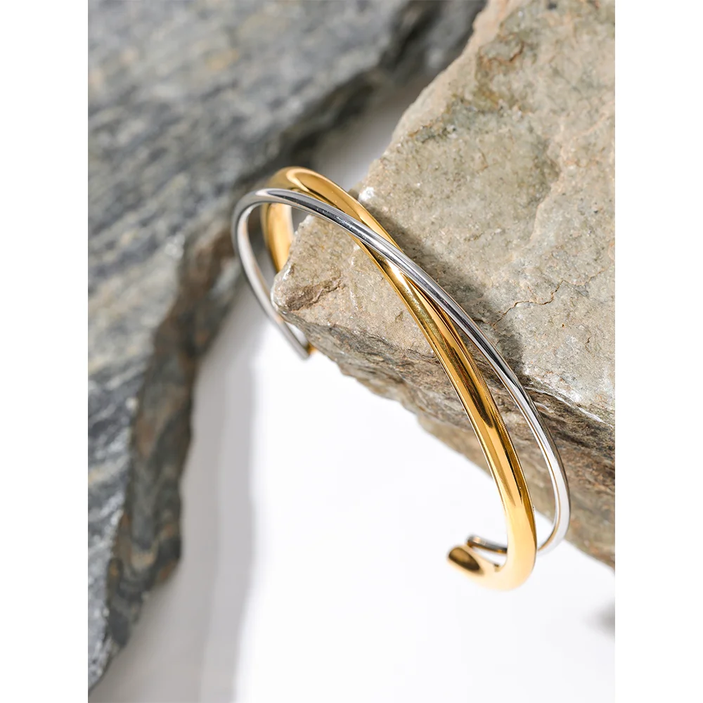 Bangle Bracelet Stainless Steel Bracelet 18K Gold Plated Geometric Stainless Steel Double Color Cuff Bracelet Jewelry