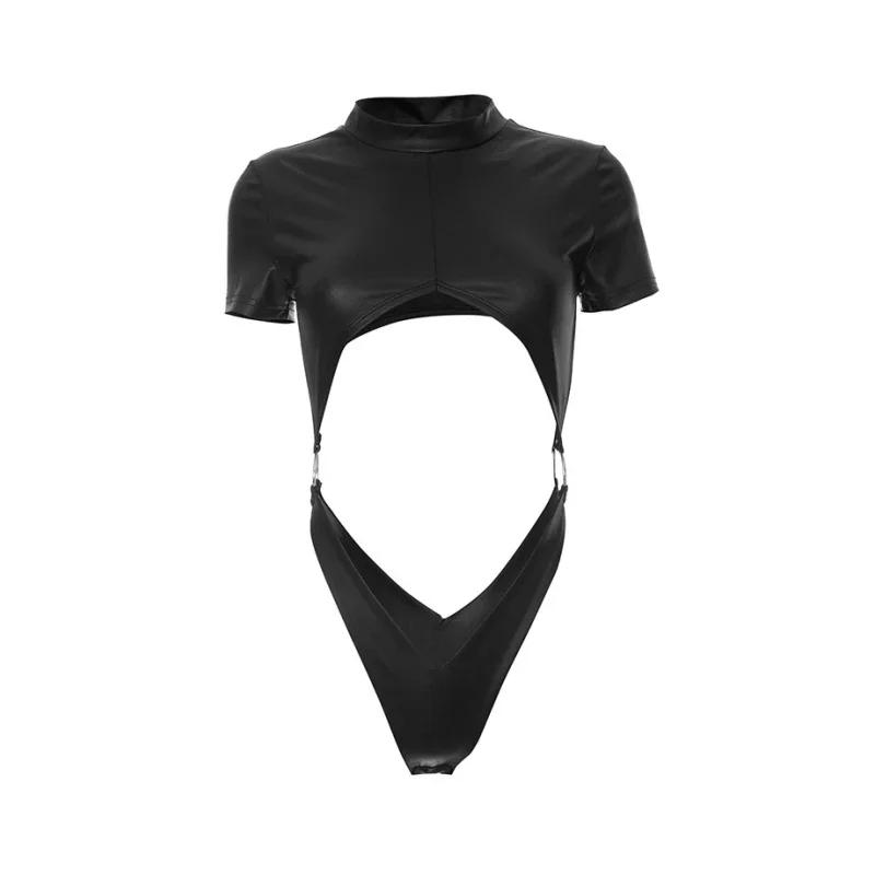 Body sexy de PU, lencería negra, top para mujer, atuendo rave, cuerpo femenino de manga corta, ahuecado, de una pieza, lencería sexy para mujer