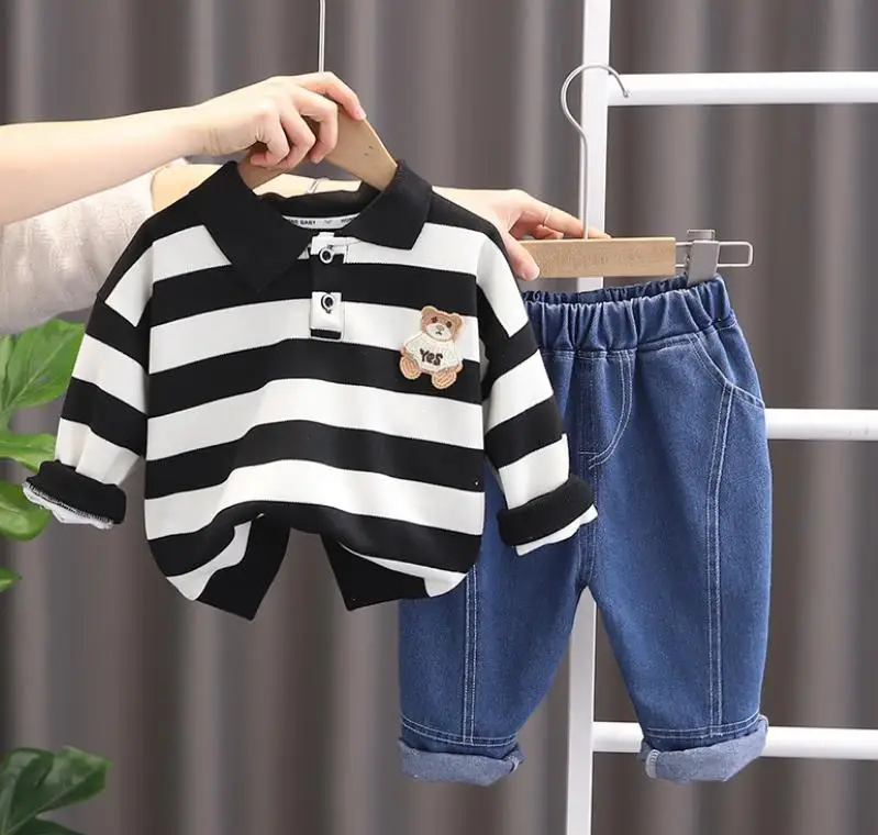 

Spring Autumn children suit Baby boy clothes bear striped lapel sweatshirt and pants casual kids tracksuits boys sportwear