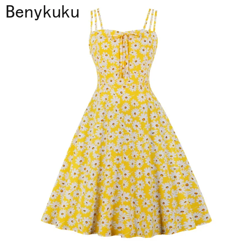 

Daisy Floral Print Spaghetti Strap Dress 2024 Women Bow Cute Casual Vintage Swing Dress Womans Clothing Summer Vacation Sundress