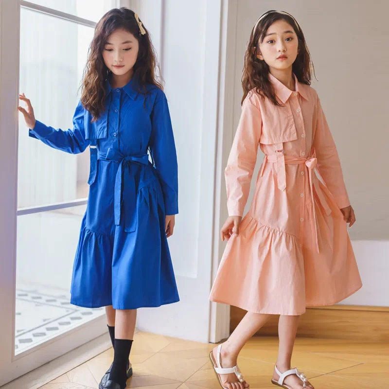 kids teen girls solid blue pink buttoned shirt dress 6 to 16 years childgren girl spring autumn fashion cotton casual dresses