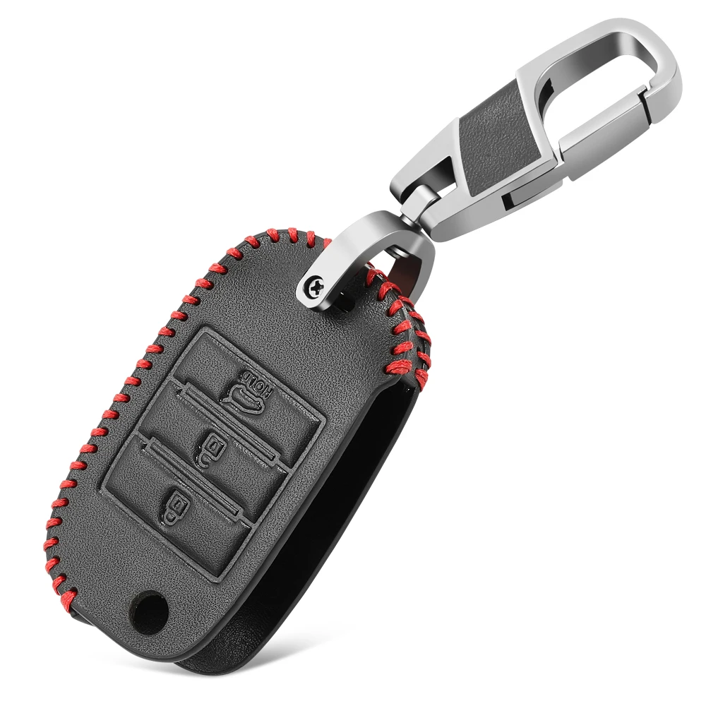 Black Carbon Fiber Flip Key Case Cover Chain For Kia Soul Sportage Rio Hyundai