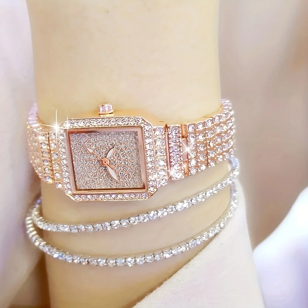 3pcs/set Ladies Watch Luxury Women Watch Crystal Rhinestone Watches Quartz Stainless Steel Strap Wristwatch Square Dial Wrist 4