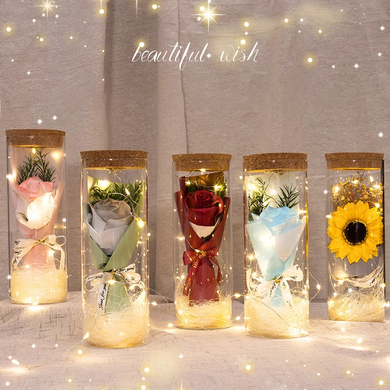 

Eternal Soap Rose Glass Bottle with LED Lights Artificial Sunflowers Valentine Love Wishing Bottle Wedding Flower Gifts for Her