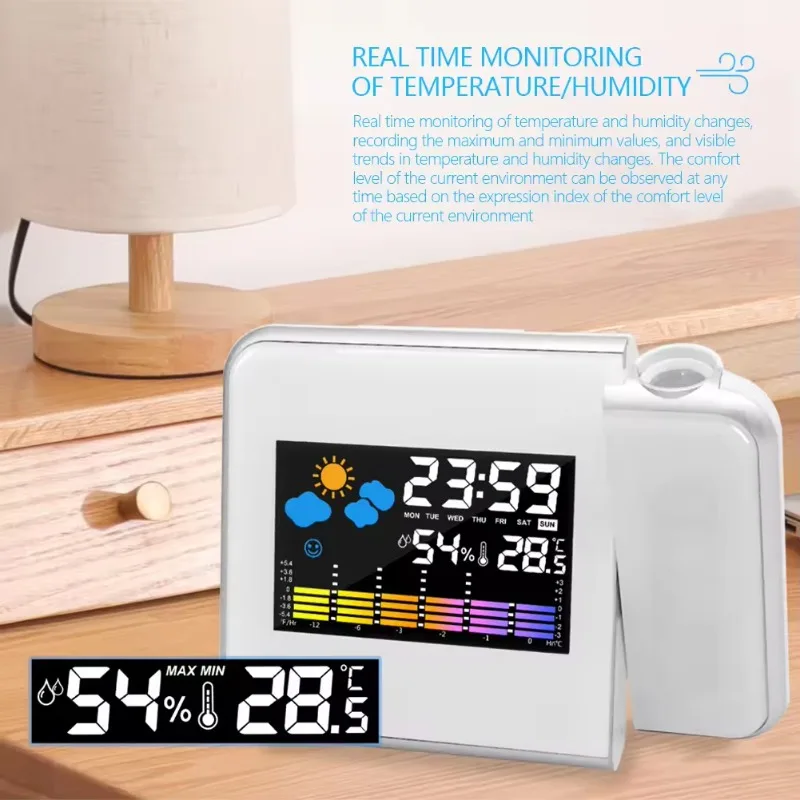 Color Screen Digital Projection Weather Alarm Clock, Electronic LED Adjustable Angle Projection Intelligent Alarm Clock
