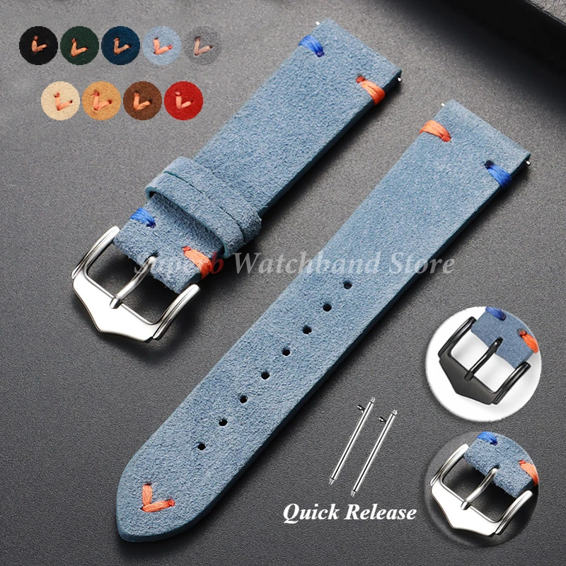 Vintage Suede Leather Watch Strap with Handmade Stitching – Soft and Universal Replacement Wristband