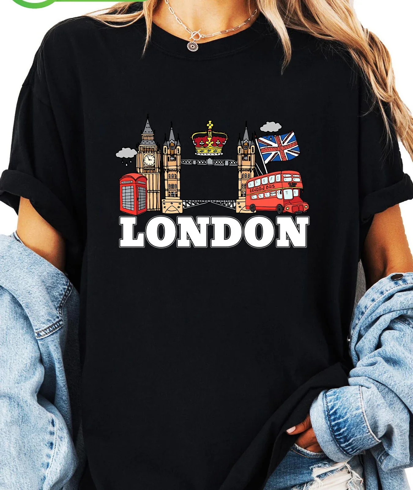 Alphabet-Muster, normale Länge für Frühling und Sommer, London Fashio, grafische, lässige Damen-Oberteile mit Rundhalsausschnitt und Flaggen-Aufdruck