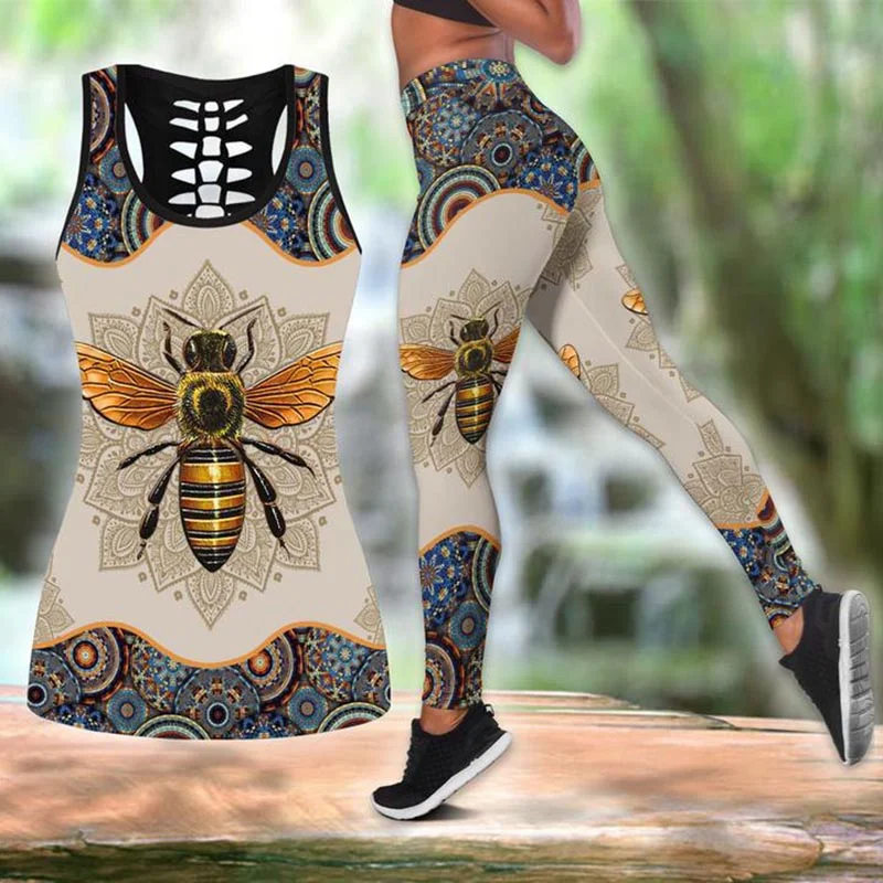 

New Summer Vest Women's Fashion Bee and Dragonfly Print Combo Tank + Legging
