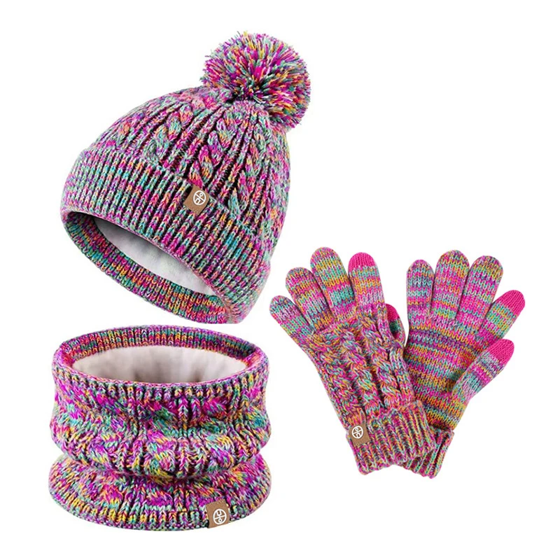 

Children Winter Keep Warm Set Fleece Lining Beanie Touchscreen Gloves Neck Scarf Christmas Hat Snow Design Neckerchief 3 Pieces