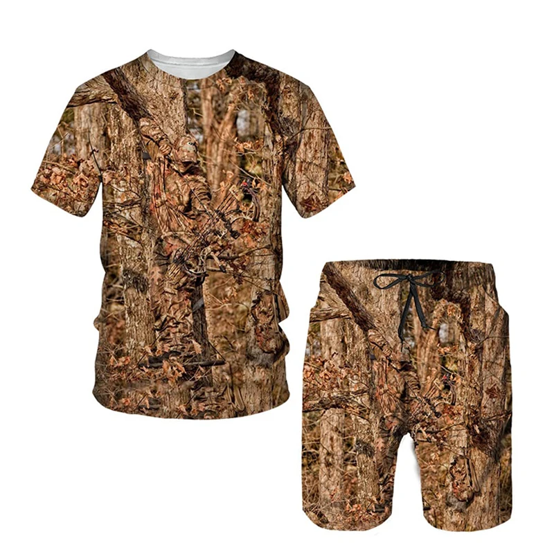 Camouflage Hunting Tracksuit Set Men's Streetwear T Shirt Shorts