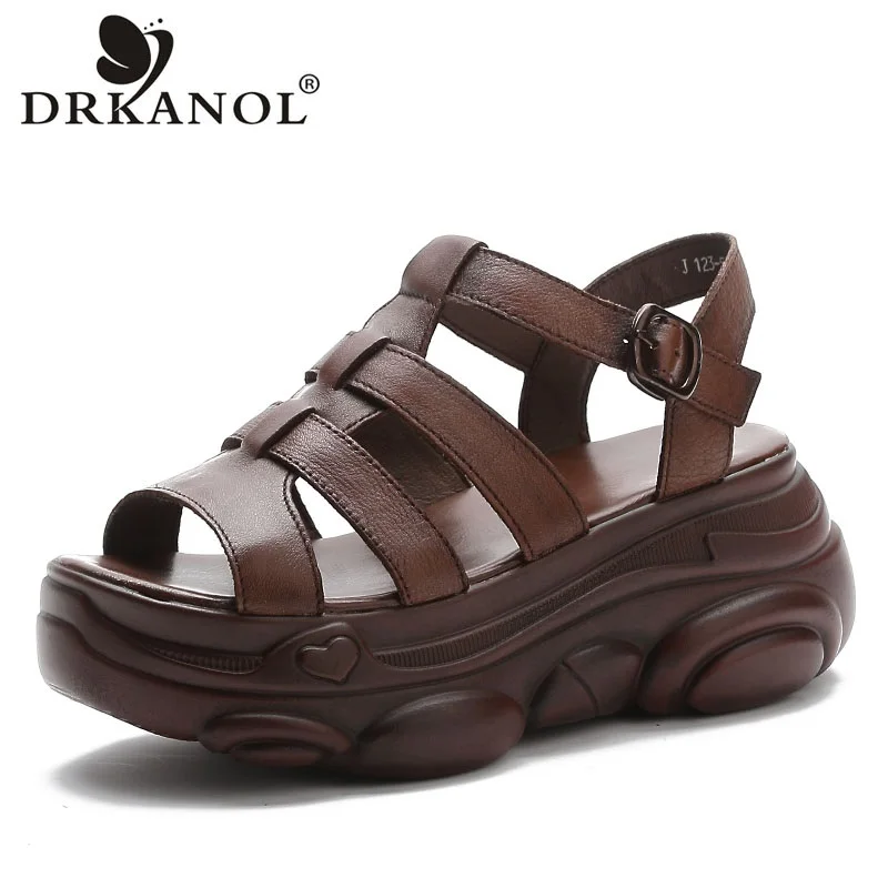 

DRKANOL Handmade Retro Women Platform Sandals Summer Genuine Cow Leather Wedges High Heel Casual Roman Sandals Open Toe Shoes