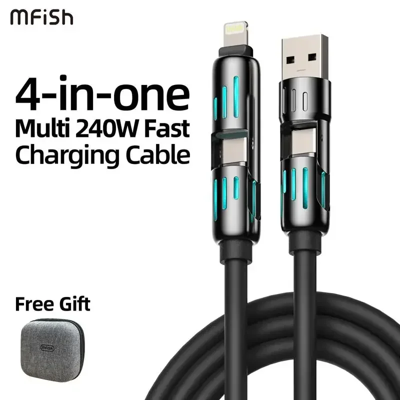 USB tipo C lightning-Max 240W carregamento rápido e sincronização de dados MFISH 4 em 1 cabo de carregamento USB multifuncional para iPhone 16/15 iPad