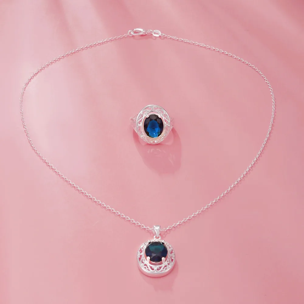 Charm 925 sterling silver classic Blue Crystal Oval Pendant Necklaces rings For Women fashion designer party wedding Jewelry set
