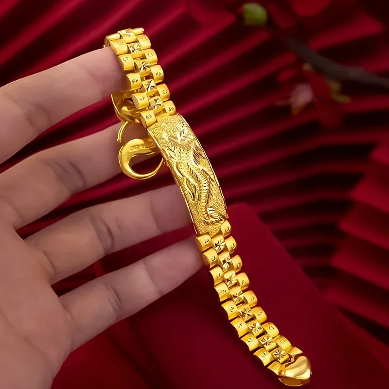 

Imitation 24K Real Gold Chinese Dragon Pattern Bracelet Men's Carven Design Big Bracelet Gold Version Domineering Watch Chain