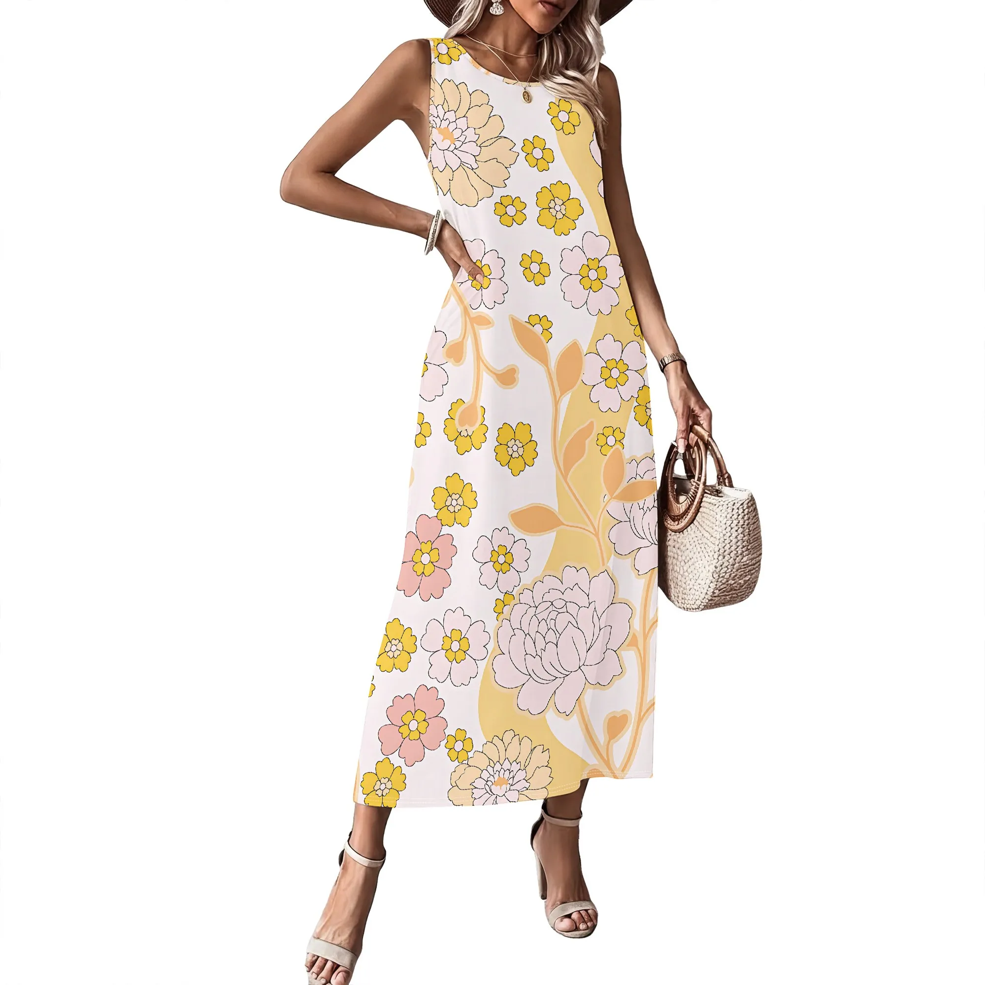 Ärmelloses Sommerkleid für Damen mit Rundhalsausschnitt, 3D-Modisch Bedrucktes Langes Swing-Kleid – Detail 9