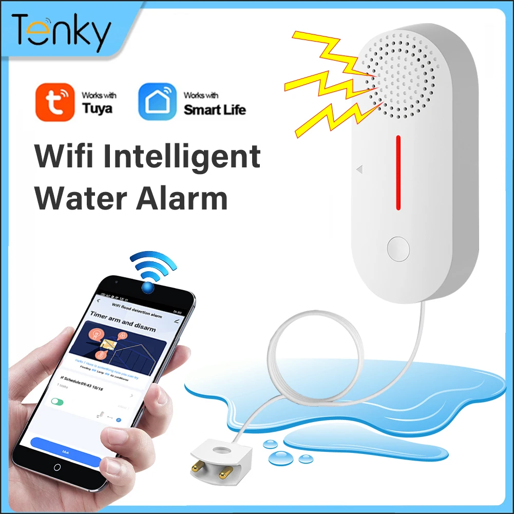 

Tuya WIFI Water Detector Leakage Monitor 90dB High Volume Sound Alarm Flood Alert Overflow Security APP Remote Control Smart Hom