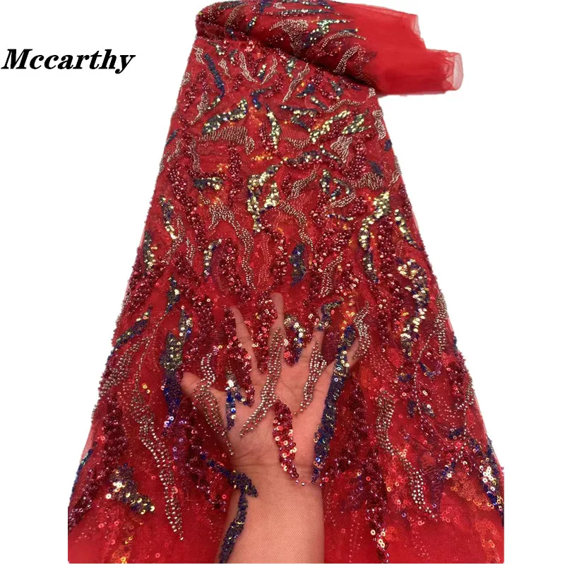 

African Red Beaded Lace Fabric 5 Yards Wedding Fabrics for Women Dubai French Tulle Net Embroidery Fabric with Sequins Sewing