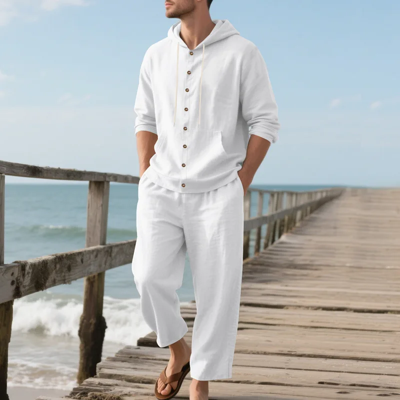 New Spring and Autumn Style Loose Men's Hoodie Set, Linen Material Beach Casual Two-Piece Suit