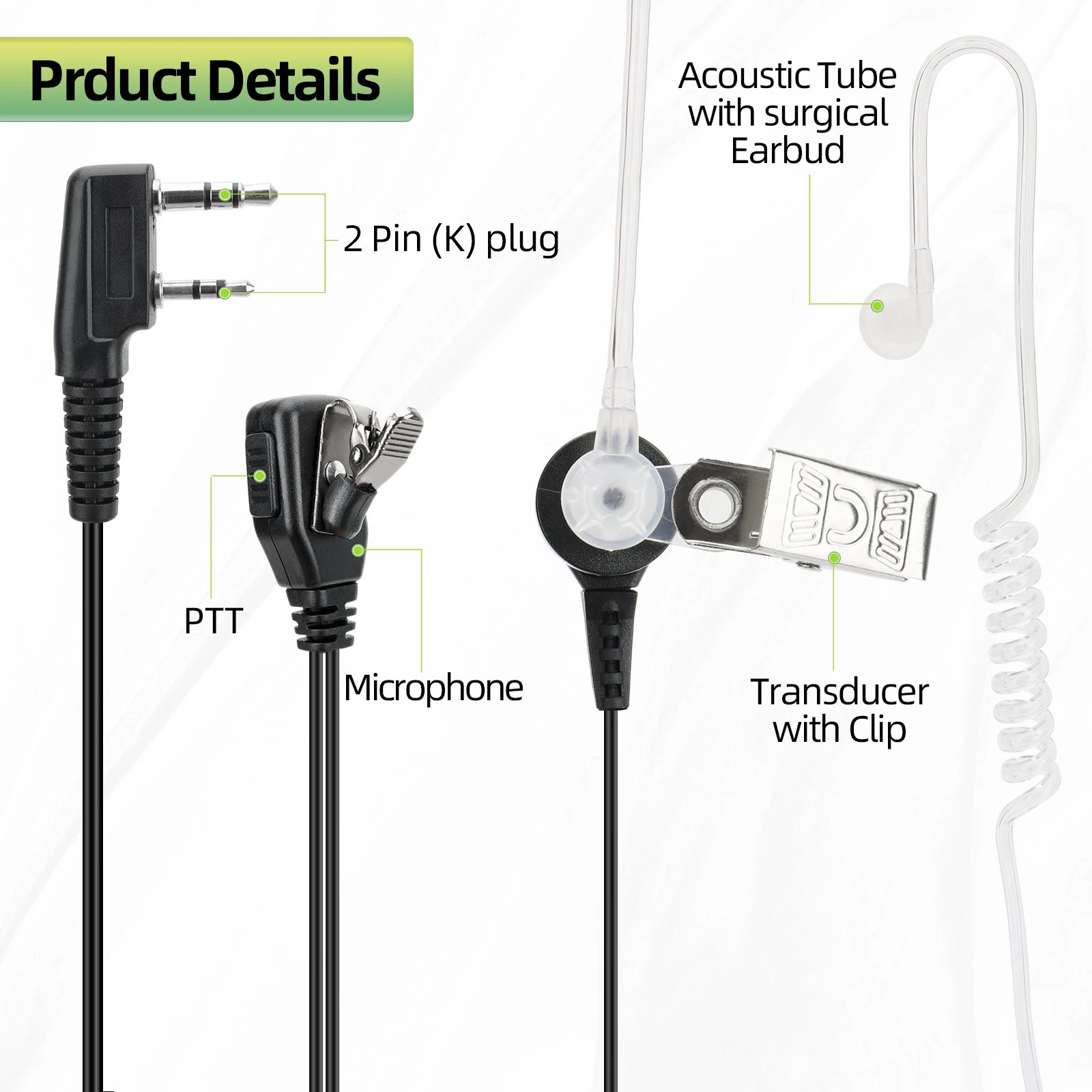 Walkie Talkie 2Pin Headphone Acoustic Air Tube Earpiece Headset Mic PTT for Quan