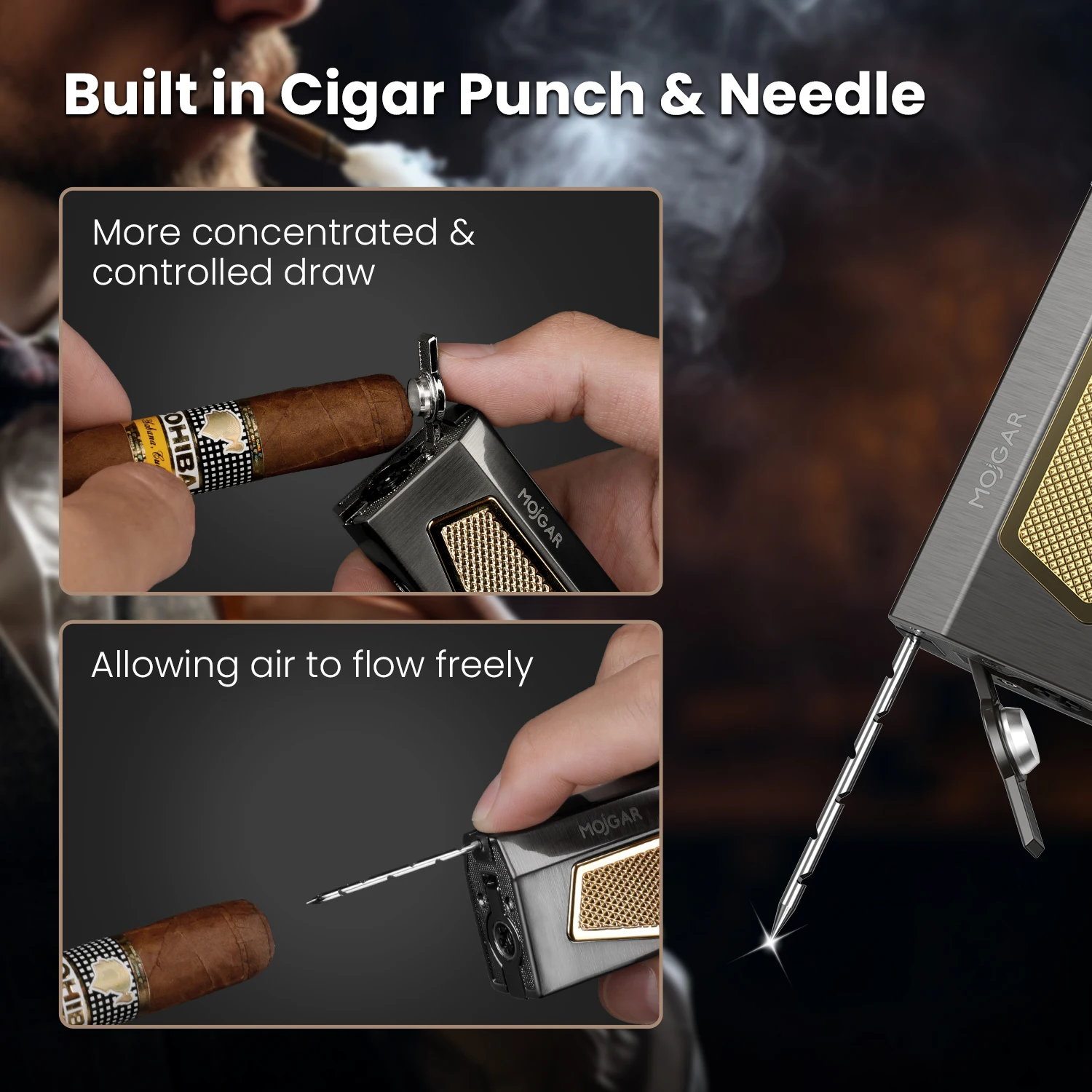 All-in-one Cigar Lighter with Quad Jet Torch Flames Cigar Stand Punch Draw Enhancer Accessories 4-in-1