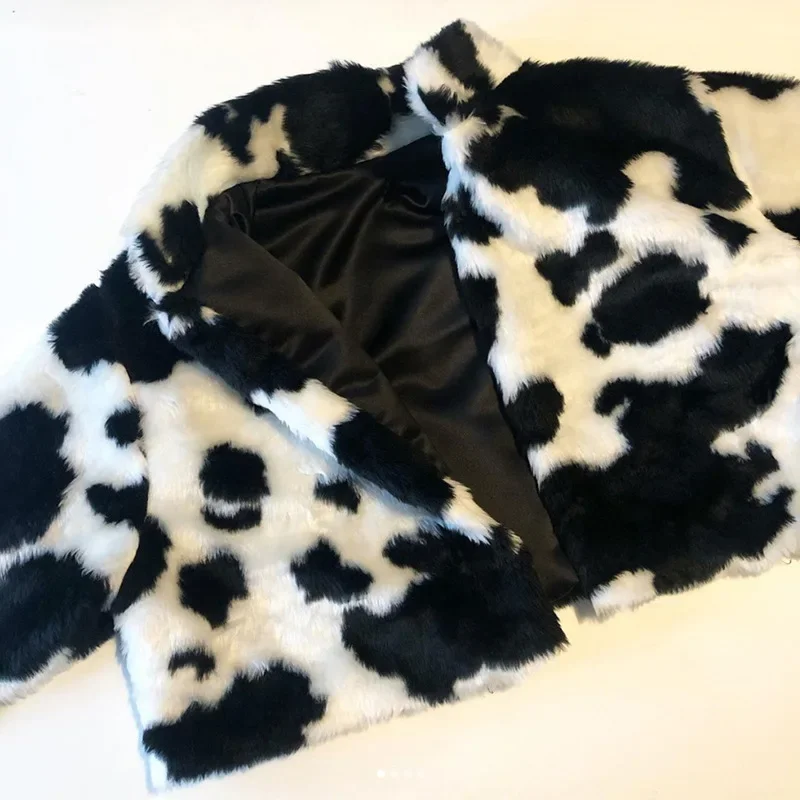 Winter Warm Faux Fur Comfortable Cow Print Women's Jacket Dark Casual Furry Street Style Loose Jacket Women Autumn Loose Jacket