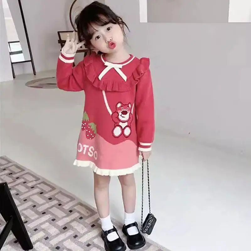 

Cartoon Lotso Kids Knitted Long Sleeve Dress New Autumn Winter Girls Stylish Warm Pure Cotton Round Neck, Princess Dress Gift